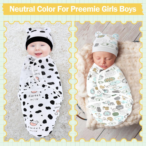 VitalCozy 2 Pack 3-7 Lbs Preemie Baby Swaddle Blanket Wrap with Hat Preemie Hat Newborn Receiving Blanket Wrap for Boy