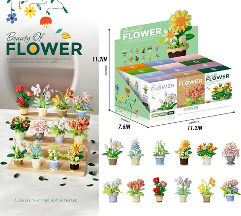 Jollcnoia 12 Set Mini Flower Potted Plant Bonsai Building Toy Blocks Artificial Particle Flower Botanical