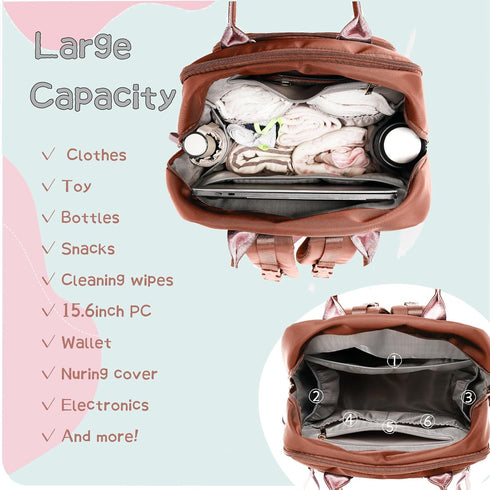 18 Backpack 4 LORADI Pockets Large Diaper Bag with Insulated Pockets and Stroller Clips, Baby Shower Essentials (Brown