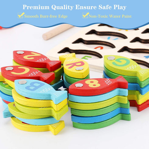 Magnetic Wooden Fishing Game Toy for Toddlers, Alphabet Fish Catching Puzzle for Preschool Learning ABC Math