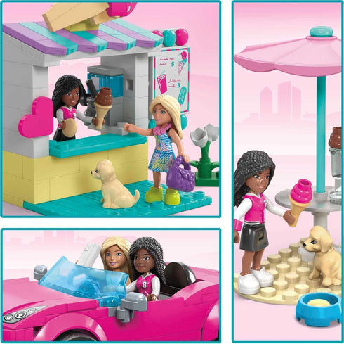 Mega Barbie Car Building Toys Playset, Pink Convertible & Ice Cream Stand with 225 Pieces, 2 Micro-Dolls