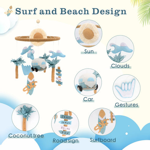 Surf Mobile for Crib Handmade Felt Nursery Decor Crib Mobile surf for Bassinet Baby Shower Newborn Baby Gift Beach