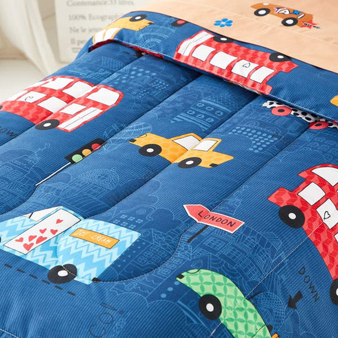 Set 1 Boys Toddler Bedding Navy with Colorful Cars Includes Boys Comforter, Flat Sheet, Fitted Sheet and Pillowcase