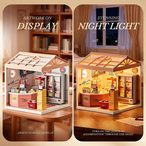 92Pcs 1:24 8+ Miniature DIY House Kit Convenience Store Scale Dollhouse Mini-Mart Corner Store Shop with LED Light