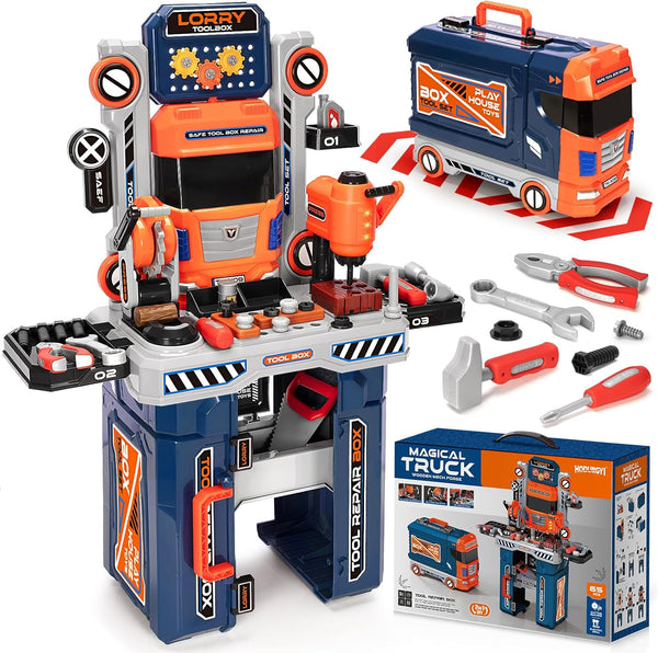 Kids Tool Bench with Electric Drill and Power Miter Saw, Construction Workbench