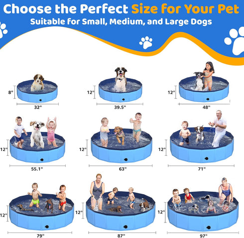 CACSPS 39.5" 12" x Foldable Dog Pool - Collapsible Hard Plastic Kiddie Pool for Dogs & Kids, Non-Slip Pet Bath Tub