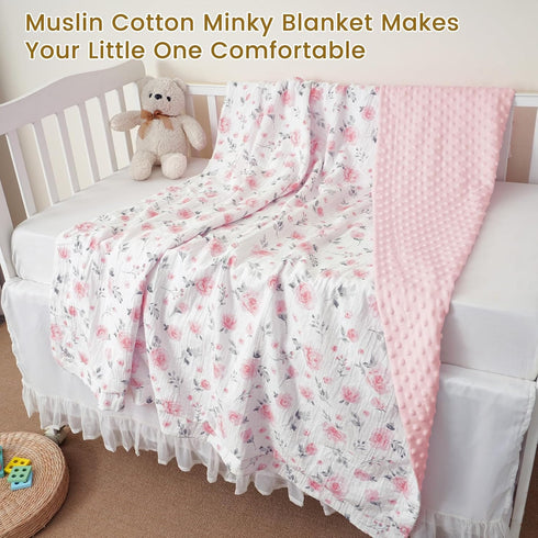 30x40 Inches, david's kids Muslin Minky Baby Blanket for Girls with Muslin Cotton Front and Dotted Fleece Backing