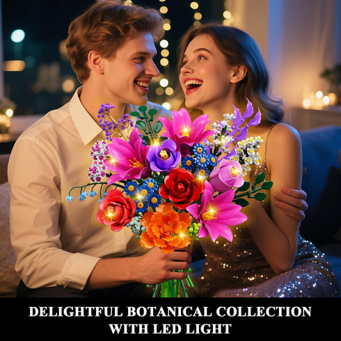 Set 21 1054PCS, 12+ CUBIMANA Flowers Bouquet Building with LED Light, Flower Botanical Collection Block Toy, Rose Home