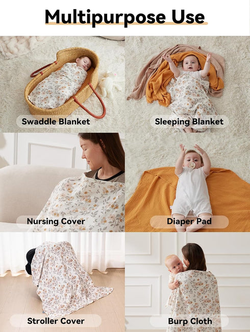 3 Pack 47"X47", TILLYOU Muslin Swaddles for Newborns Baby Blankets for Girls Boys Cotton Swaddle Blankets Yellow Flower