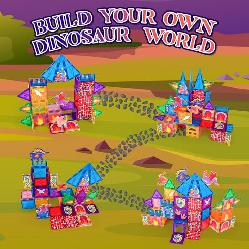 SHXYKZ 3-8, 3D Set Dinosaur Magnetic Tiles, STEM Building Toys for Kids Ages Movable Dragon Castle with Portable
