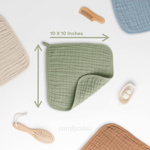 Baby Washcloths, Muslin Cotton Baby Towels - Large 10”x10” Soft Wash Cloths for Newborns & Toddlers (Sage, Pack of 10)