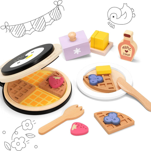 Playset, Playset, Sets 3+ PairPear Wooden Waffle Maker Toy Food Kids Pretend Play Food Kitchen Accessories, Wooden