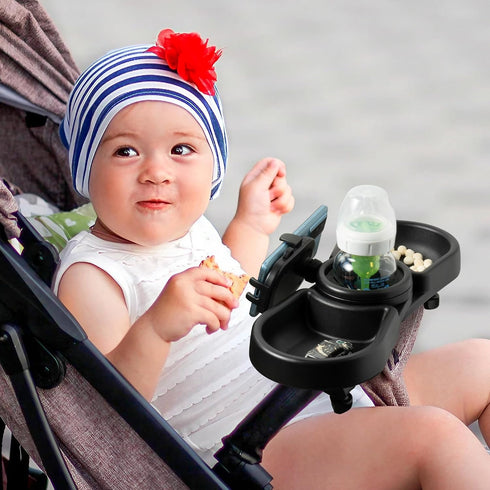 GQIRIL 4-in-1 Universal Stroller Snack Tray - Clip on Strollers Cup and Phone Holder Attachment Accessories, Double