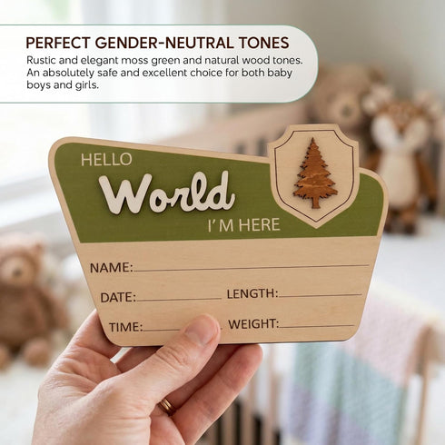 TTMerriwood 6.5" Adventure Hello World I'm Here Sign, Wooden Retro Birth Announcement Prop, Camping Nursery Keepsake