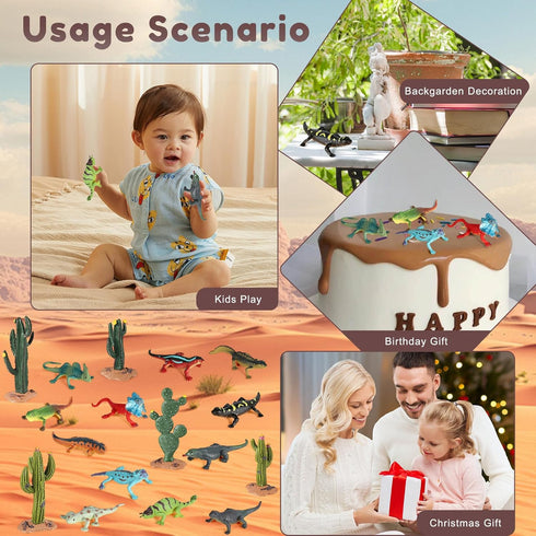 Lizard Toys Figures - 17 Pcs Desert Reptiles Figurines Model Trees Kit, Desert Diorama Supplies for Kids Gift