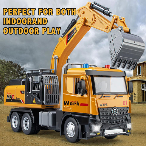 Excavator Toy Metal Cab, Big Digger Toys for Boys with Lights Sounds and Working Movable Parts, Friction Powered