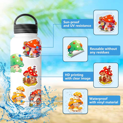 Icicrim Pack 50PCS, Cute Mushroom Stickers Aesthetic Mushroom Decor Gifts for Kids Teens Adults Waterproof Vinyl Plant