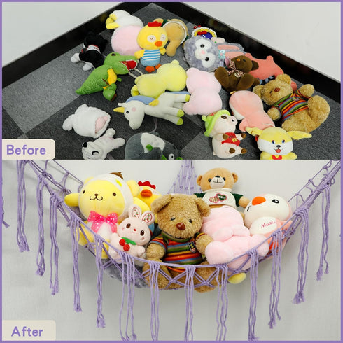 Boho Stuffed Animals Net Hammock, 55 Inch Toy Storage Corner Hanging Net Holder, Purple