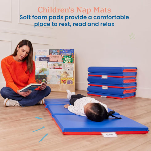 ECR4Kids 3-Section, 2in, Premium Folding Rest Mat, Sleeping Pad, Blue/Red