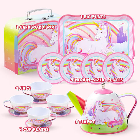 Set Set, 3 4 5 6, JOYIN Unicorn Tea Party for Little Girls, Pretend Pink Tin Teapot Princess Tea Time Play Kitchen Toy