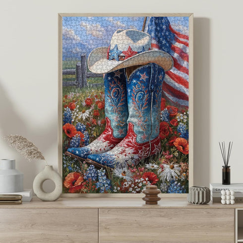 BUAHA 1000 Country Cowboy Boot Shoe Flowers Puzzles for Adults Pieces Nature American Patriotic Flat Western Art Jigsaw