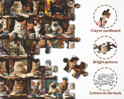 Cat Puzzles for Adults 1000 Pieces, Vintage Animal Collage Jigsaw Puzzle with 40 Coffee Book Cats