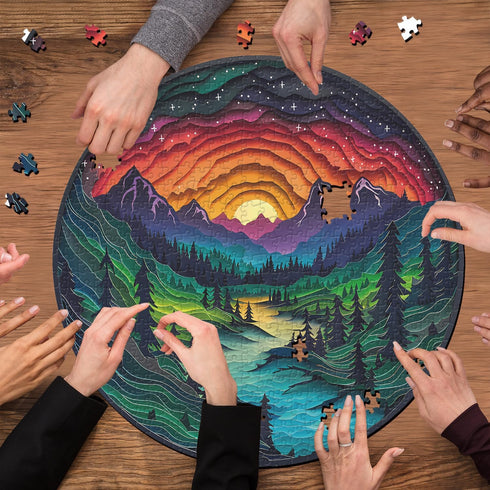 Magic Forest Puzzles for Adults 1000 Pieces Nature Round Tree Mountain River Sunset Landscape Jigsaw Puzzle