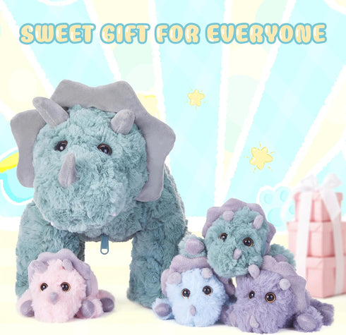 IKASA Triceratops Dinosaur Stuffed Animal Mom and Baby Plush Toy, Cute 18" Huggable Family Set for Kids