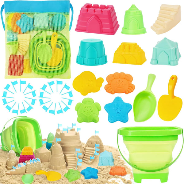 RACPNEL Collapsible Beach Toys for Kids, Foldable Sand Bucket and Shovels Set