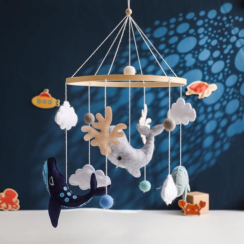 Montessori Baby Mobile for Crib - Ocean Animals Decor with Felt Ball Sea Blue Whale & White Clouds, Baby Shower Gift