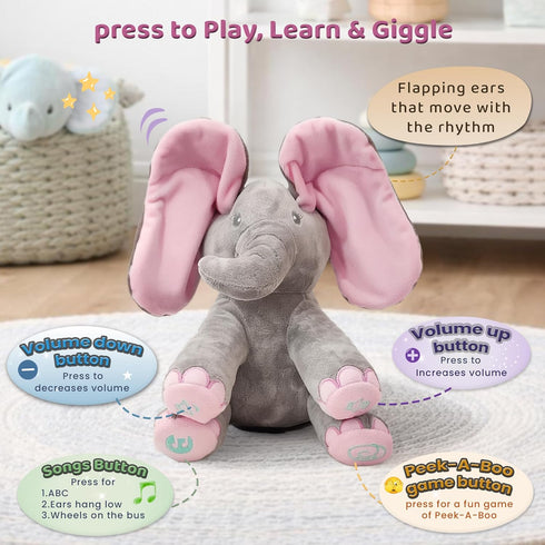 Dimple Kaia Peek A Boo Elephant Toy, Interactive Singing Stuffed Animal Plush with Moving Ears, Musical Stuffed Animal