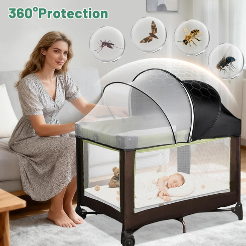 WANRU Pack 2-Way N Play Tent Cover & Bassinet Canopy - Half-Blackout Breathable Mosquito Net with Zipper for Bassinet