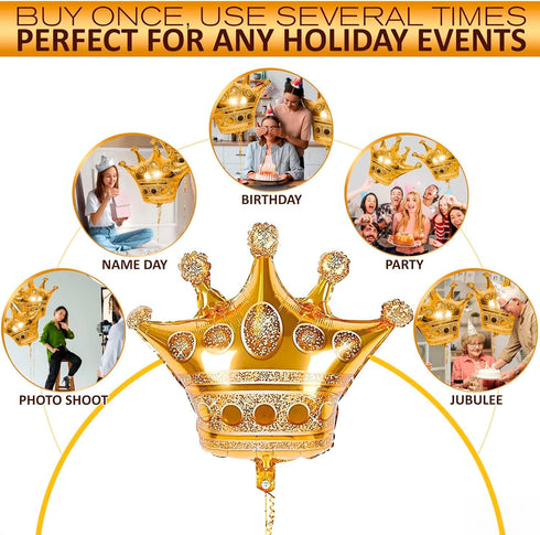 3 Pcs Large Gold Crown Balloons (38.2" x 35.4") - Durable Princess Birthday Party Decorations for Photoshoots,