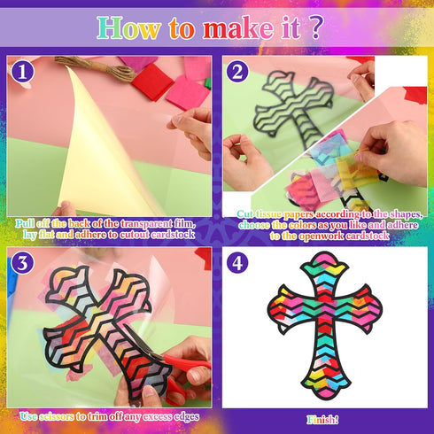 Yeaqee 24 Pack Cross DIY Suncatcher Paper Crafts Easter Crafts for Kids Religious Paper Suncatchers for Sunday School