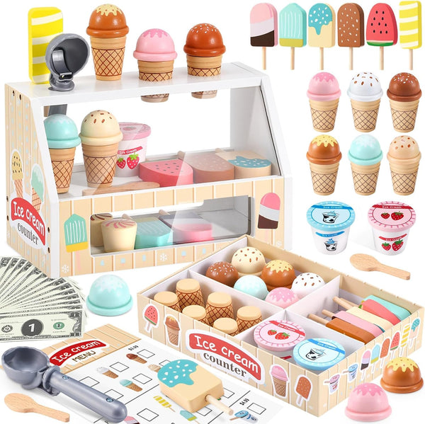 WHOHOLL Wooden Ice Cream Toys Kids Play Store Pretend Toy for Toddlers,