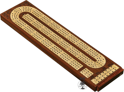PALM ROYAL HANDICRAFTS 3 Track Wooden Cribbage Board Set, Inlaid Teak and Maple Wood with Metal Pegs Storage