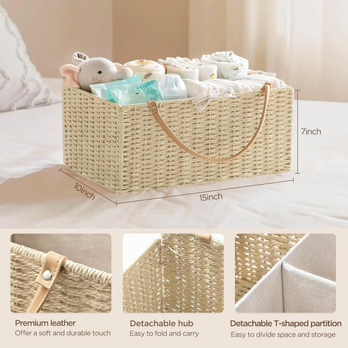 HBlife Large Baby Diaper Caddy Organizer, Paper Rope Storage Baskets Nursery Bin with Removable Divider, Portable Car