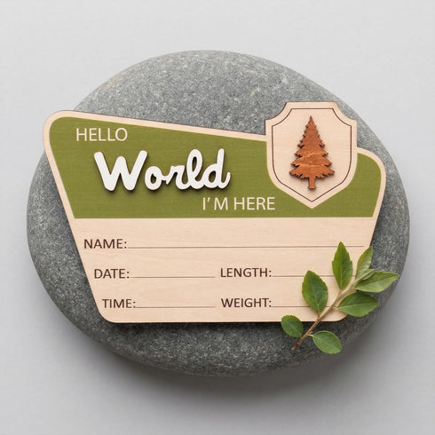 TTMerriwood 6.5" Adventure Hello World I'm Here Sign, Wooden Retro Birth Announcement Prop, Camping Nursery Keepsake