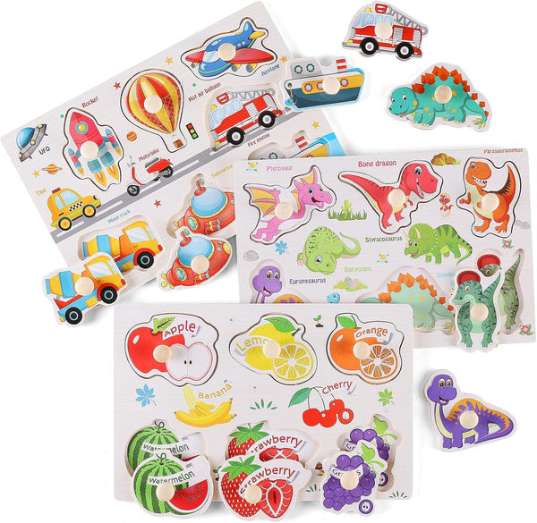 Wooden Peg Puzzles for Toddlers 1-3, Educational Preschool Peg Puzzle Toy Set of 3 - Traffic, Dinosaur, Fruit