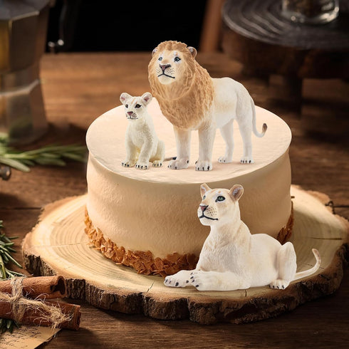 6PCS 2-5" Set Toymany White Lion Figurines with Lion Cubs, Wild Life Jungle Animals Figures Realistic Family Includes