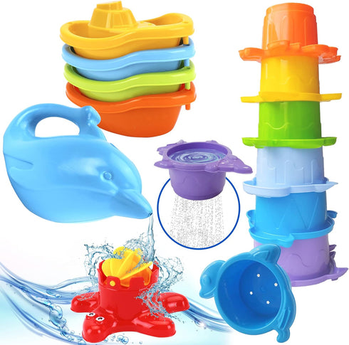 TECHNOK Baby Bath Toys for Toddlers, 12 pcs Rainbow Stacking Cups, Bath Boats, Train, Watering Can, Sea Animal Shapes