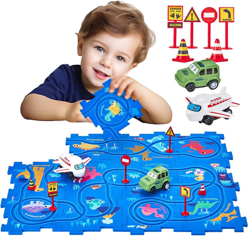 Puzzle Racer Kids Car Track Set, Dinosaur Jigsaw Puzzle Track for 3-5 Year Old Boys, Educational Learning Toy