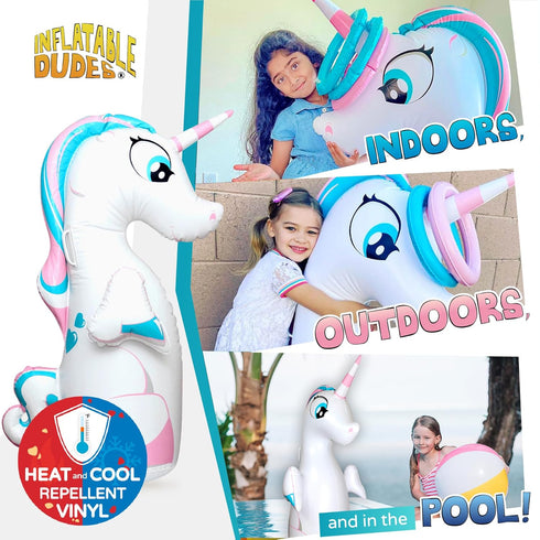 Unicorn 47 Inches Kids Punching Bag, Filled with Sand, Party Bop Bag, Ring Toss with 3 Inflatable Rings