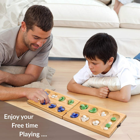 Point Games Solid Wood Deluxe Mancala - Folding Board Game with Metal Latch and Glass Marbles, Portable Strategy Game