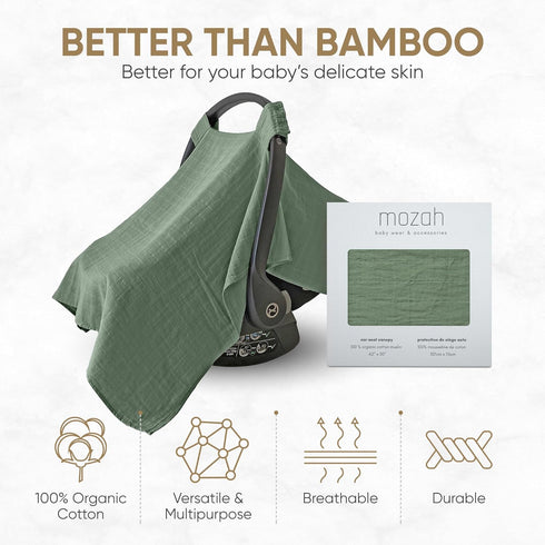 100% Organic Muslin Carseat Cover for Boys or Girls, Roman Green Baby Car Seat Cover