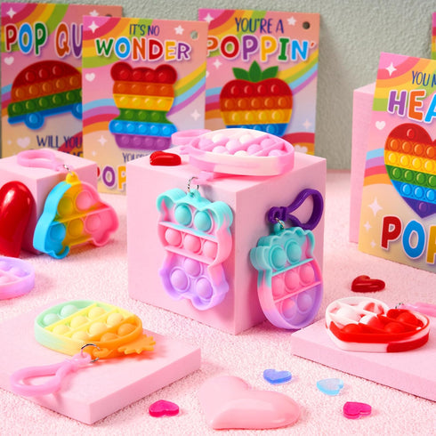 30 Packs 6 JOYIN Valentines Day Gift Cards with Pop Bubble Keychains, Designs Mini Colored Pop, Multi-Shape Stress