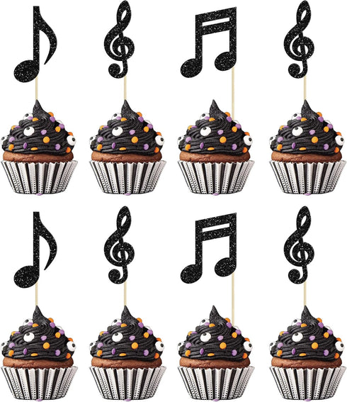 Gyufise 24Pcs Music Notes Cupcake Toppers Black Glitter Musical Symbol Cupcake Picks