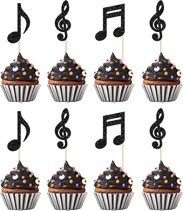 Gyufise 24Pcs Music Notes Cupcake Toppers Black Glitter Musical Symbol Cupcake Picks
