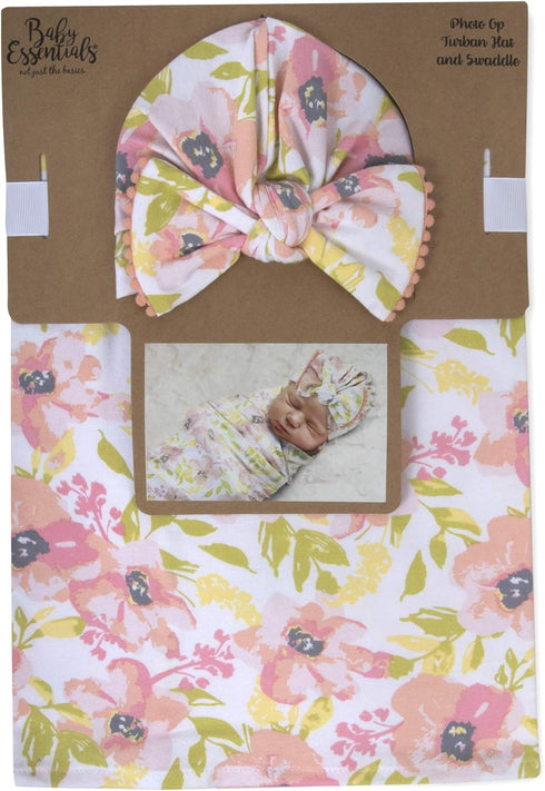Baby Cotton Swaddle Blanket Wrap with Headband or Hat Set for Newborns and Infants 0-6 Months, Boys and Girls (Summer