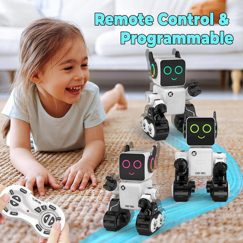 okk Robot Toys for Kids - Programmable Remote Control Robot with Coin Piggy Bank, LED, and Tray
